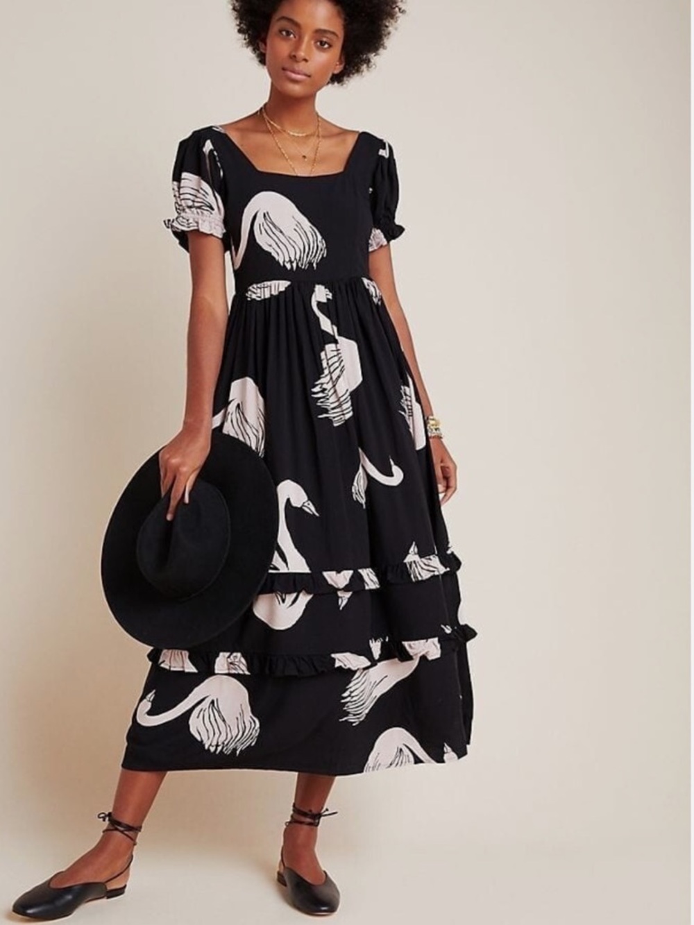 THE ODELLS by Anthropologie Eliza Swans Print Midi Dress in Black Ivory Size M